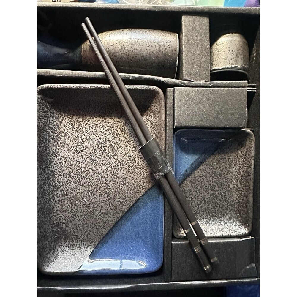 Japanese Food Sushi Sashimi Sake Carafe Black Blue Chopsticks Gift Table Set